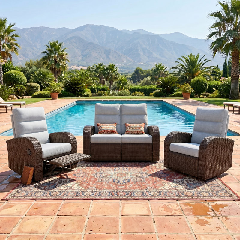 Oversized Wicker Outdoor Reclining Loveseat Sofa Set, 2-Seater Recliner Couch With 6" Cushions, Light Grey, Brown