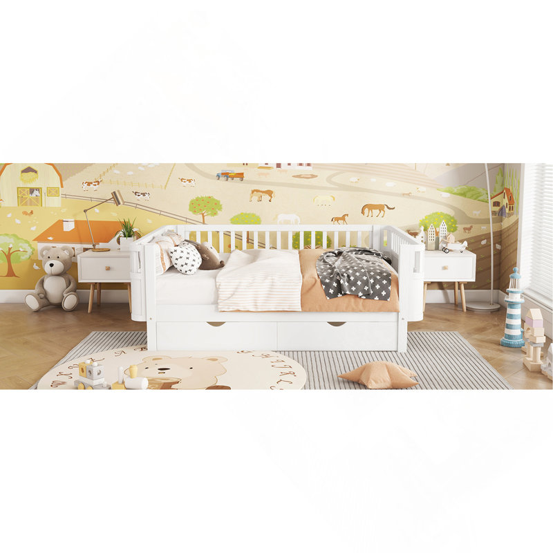 Lit plateforme double pour enfants, lit double profil bas avec rails pour filles et garçons, blanc, Lit double, Blanc
