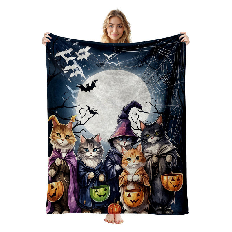 Plaid en flanelle polaire JYK Halloween, léger, respirant, doux et chaud en microfibre pelucheuse, 127 x 152 cm, Chats Sorciers et Lune