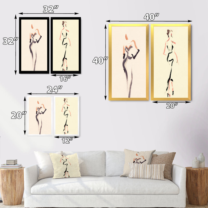 «Fashion Woman Line Art X», ensemble de 2 peintures sur toiles, H 20 po x l 24 po x P 1 po, Cadre photo doré