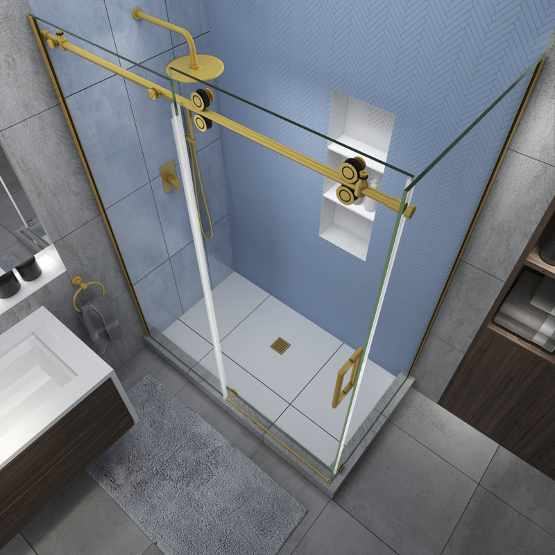 Langham XL 44" - 48" W x 38" D x 80" H Frameless Rectangle Sliding Shower Enclosure, Brushed Gold, Right