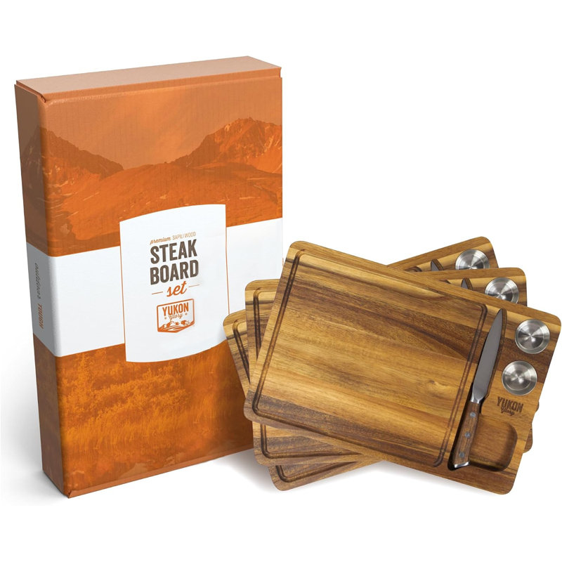 Yukon Glory steak board set of 3 with steak knives and inset sauce cups, solid acacia wood, 12-piece