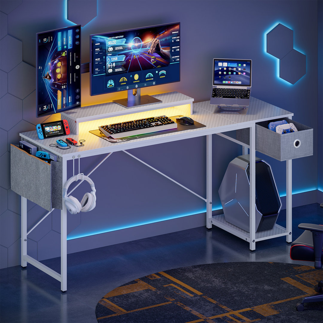61 Inch Gaming Desk with LED Lights Desk with Monitor Stand and Drawers Wrought Studio™