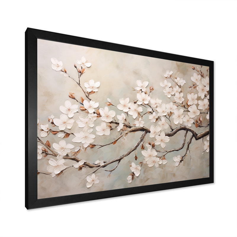 Minimalisme blanc et gris Cherry Blossom III - art mural Cherry Blossom, H 34 po x l 44 po x P 1,5 po, Cadre noir