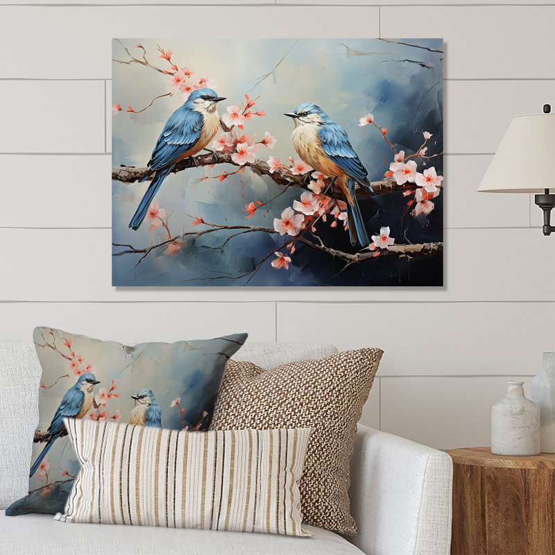 Sakura Blue Birds on Pink Blossom Tree - Art mural en métal oiseau, H 12 po x l 20 po x P 1 po