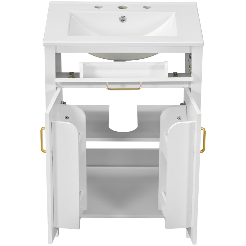 24" Bathroom Vanity With Ceramic Sink - Luxury Compact. 24.2"*18.5"*H34". Solid Wood Frame, Doors. Golden Ornaments. Spacious Storage Shelves. Adjustable Shelf. Modern Cabinet Basin Sophisticated &