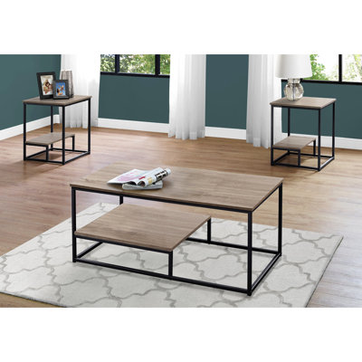Table contemporaine 3 pièces - tables basses et 2 tables de bout, stratifié taupe foncé, garniture en métal noir, salon moderne 3 pièces et détails chaleureux,