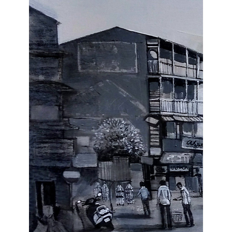 Vie nocturne en vieille ville | Acrylique et gris anthracite sur toile | Art par Harshad Godbole