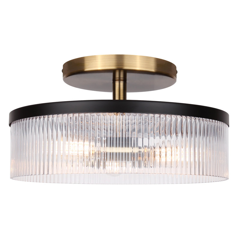 Rendy 15 In. 3-Light 60-Watt Contemporary Matte Black And Gold Semi-Flush Mount With Clear Ribbed Glass Shade