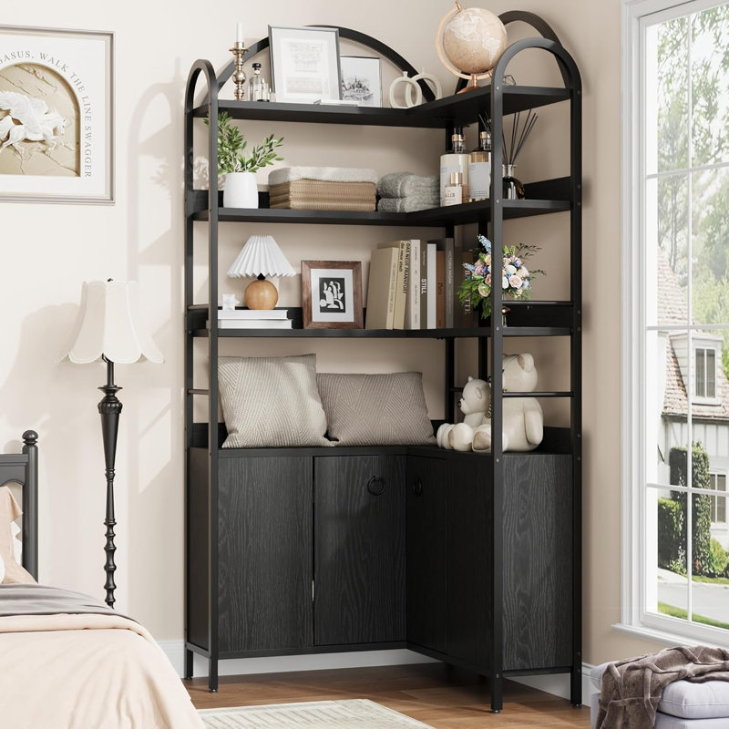 74" Tall 6-Tier Arched Corner Bookcase with Cabinet & Doors, L-Shaped Storage for Home Office, Black, Black