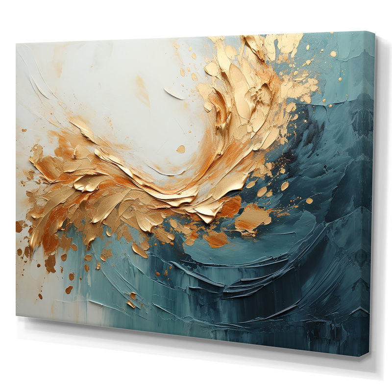 «Gold and Teal Aurora Harmony I - Abstract Spirals», reproduction sur toile, Toile tendue, H 24 po x l 32 po x P 1 po
