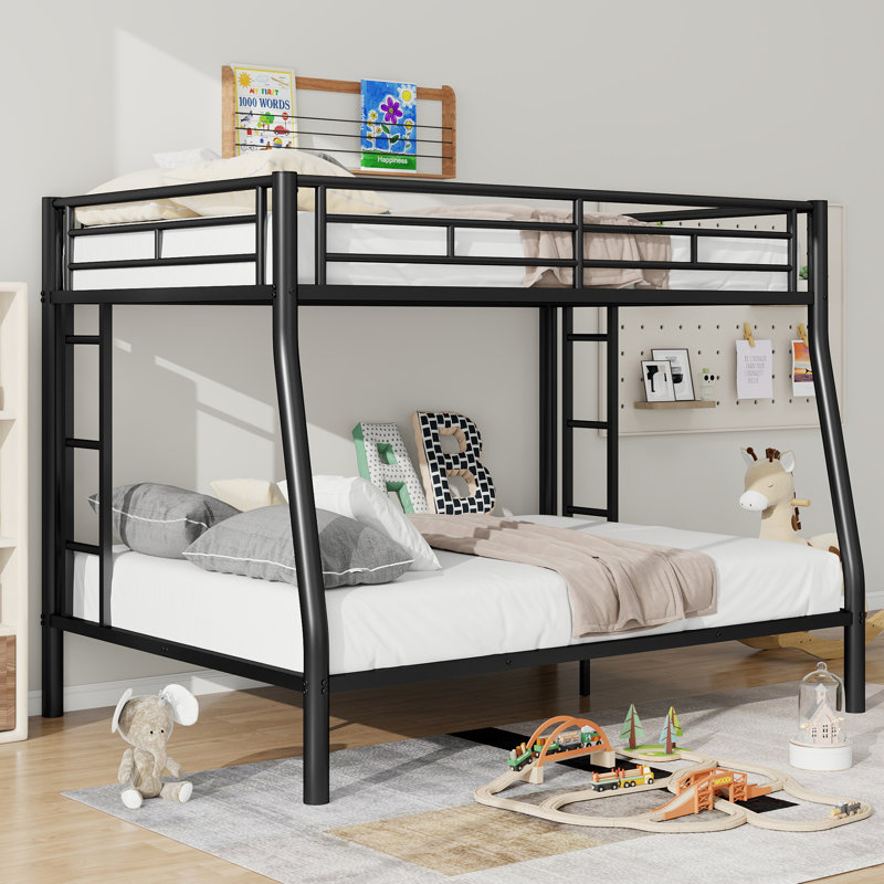 Full XL Over Queen Metal Bunk Bed With Ladder And Guardrails, White, Noir, Lit superposé double sur grand