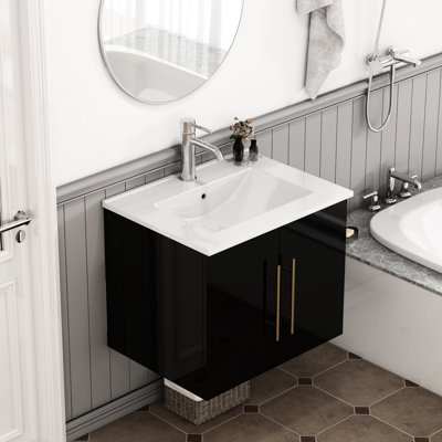 Meuble-lavabo de 24 po avec lavabo, noir brillant, portes doubles, charnières à fermeture douce, poignée longue en métal doré et vasque en céramique