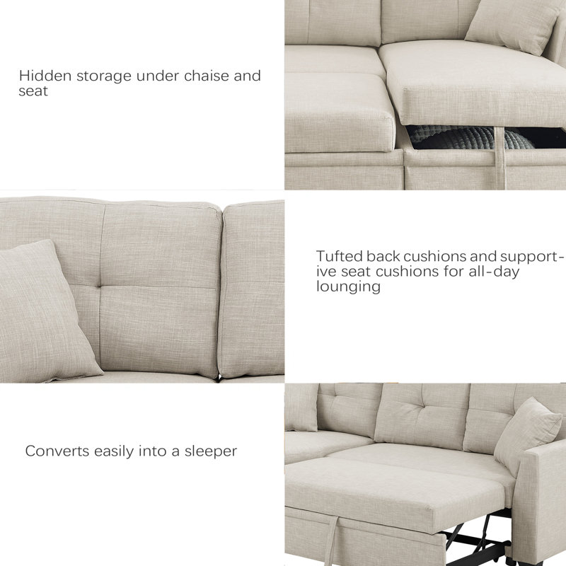 Modular Sleeper Sectional Sofa With Storage, Beige Polyester