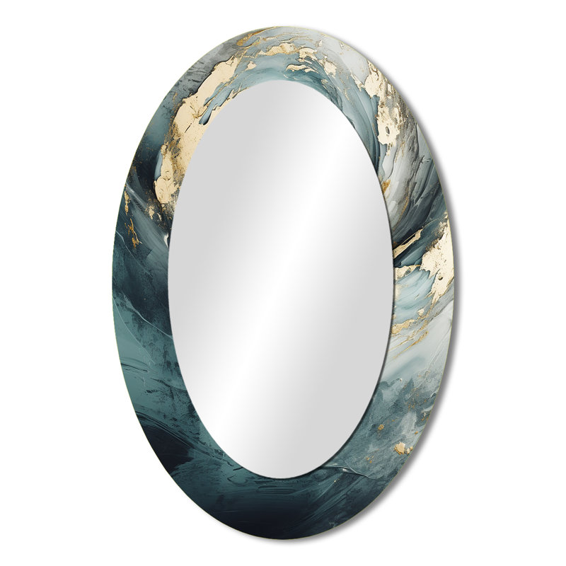 Gold And Grey Paint Spiral Whispers III - Gold Modern Oval Wall Mirror, 36" x 24"