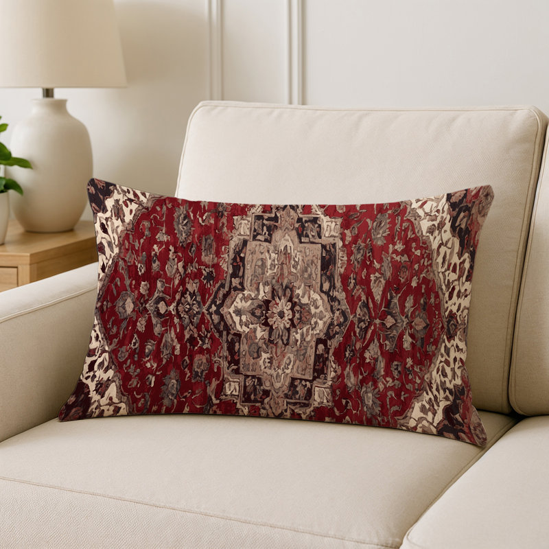Coussin décoratif intérieur et extérieur Modern, Rouge / beige / damas noir, Rectangle H 25 po x l 18 po