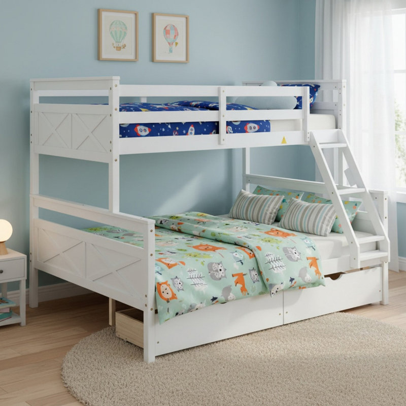 Solid Wood Twin Over Full Bunk Bed with Ladder, Two Storage Drawers, Safety Guardrail, White