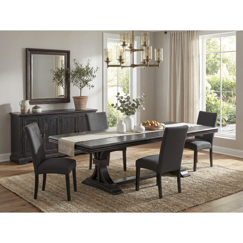 L'ensemble de table de salle à manger 5 pièces se compose d'une table de cuisine et de 4 chaises de salle à manger en tissu de lin noir avec dossier rembourré au fini noir sablé.