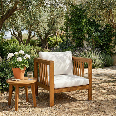 Outdoor Acacia Wood Club Chair with Modern Square Arms, Thick Cushion & Adjustable Leveling Feet for Poolside, Backyard & Deck