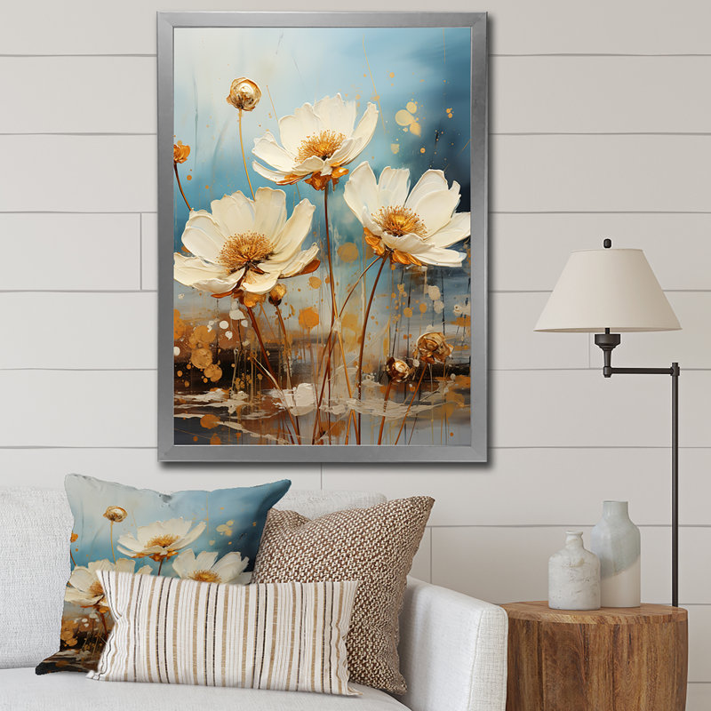 «Daisy Blossoming» sur toile, H 40 po x l 30 po x P 1,5 po, Cadre simple argenté