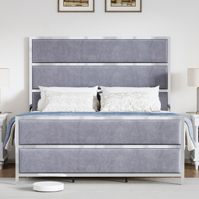 Mirabel Upholstered Metal Platform Bed, King, Light Gray