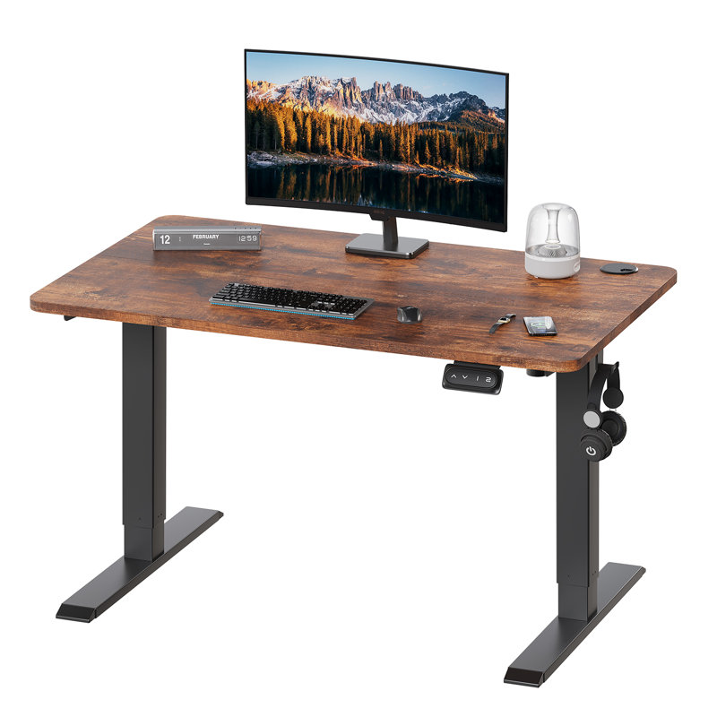 Hieronymus Electric Adjustable T-Shape Standing Desk Home Desk With Backpack Hook And Memory Smart Pannel, Brown