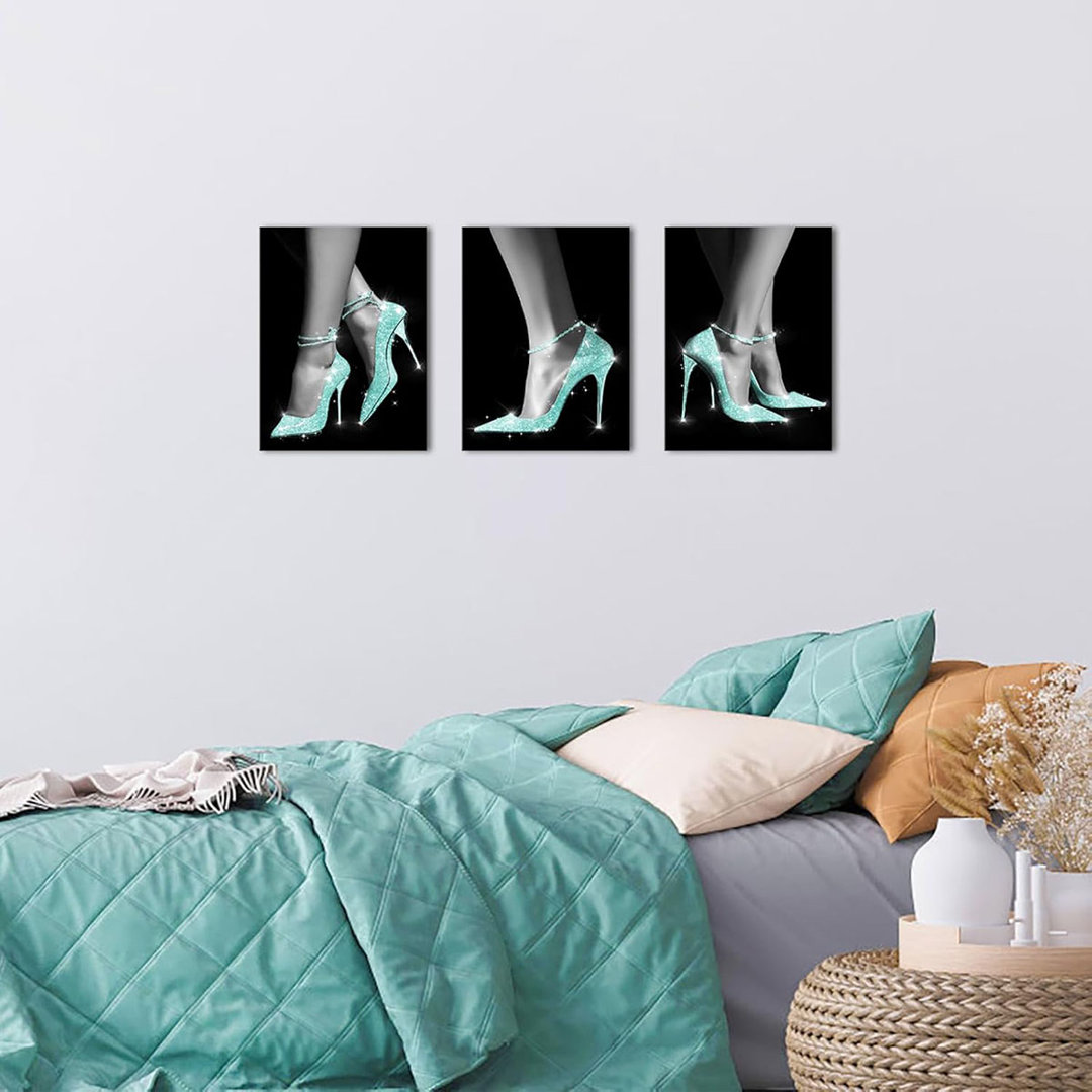 Visual Art Decor Coquette Wall Art For Girls Dorm Bedroom Decor High Heel Painting Framed Ready To Hang, 12X16inchx3pieces (Blue)