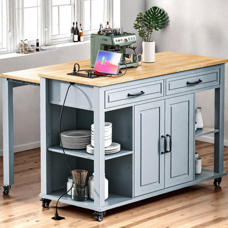 Îlot de cuisine 47 po avec table de salle à manger extensible et rangement, Bleu gris