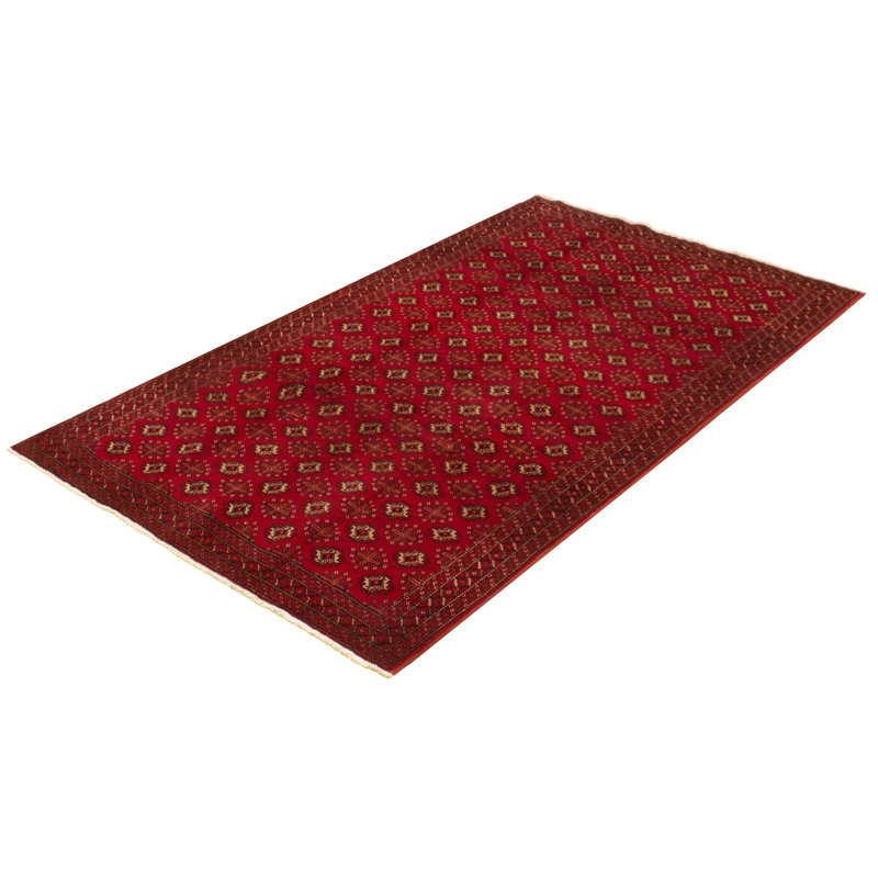 Tapis décoratif en laine rouge de conception unique 5 pi 1 po x 9 pi 4 po noué à la main 1980s