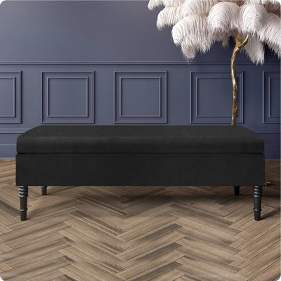 Safar Plain Upholstered Plush Velvet Ottoman Storage Bench with Black Turned Wooden Legs