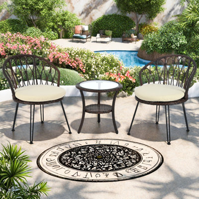 Ensemble de loisirs d'extérieur, 2 chaises simples en rotin avec une table ronde en verre, parfaites pour les patios, les balcons et les cours