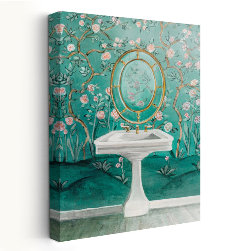 «Chinoiserie Bath I» contemporain bleu floral or bain chinoiserie, H 36 po x l 24 po