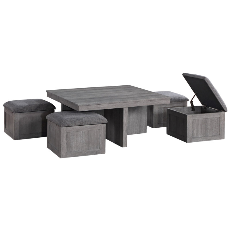 Montalbano 38"W Distressed Gray Coffee Table With Storage Stools