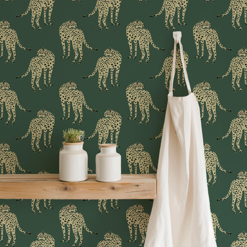 Prowling Cheetah - Wallpaper, Non-Pasted, Faux Grasscloth, Green