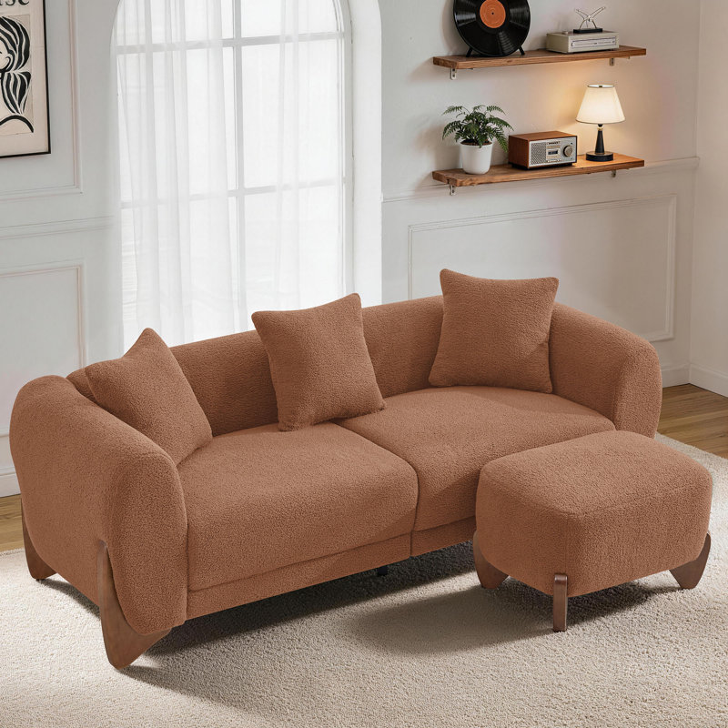  87" Upholstered Sherpa Boucle Sofa With Ottoman - Modern Couch Set with Solid Wood Legs, Caramel