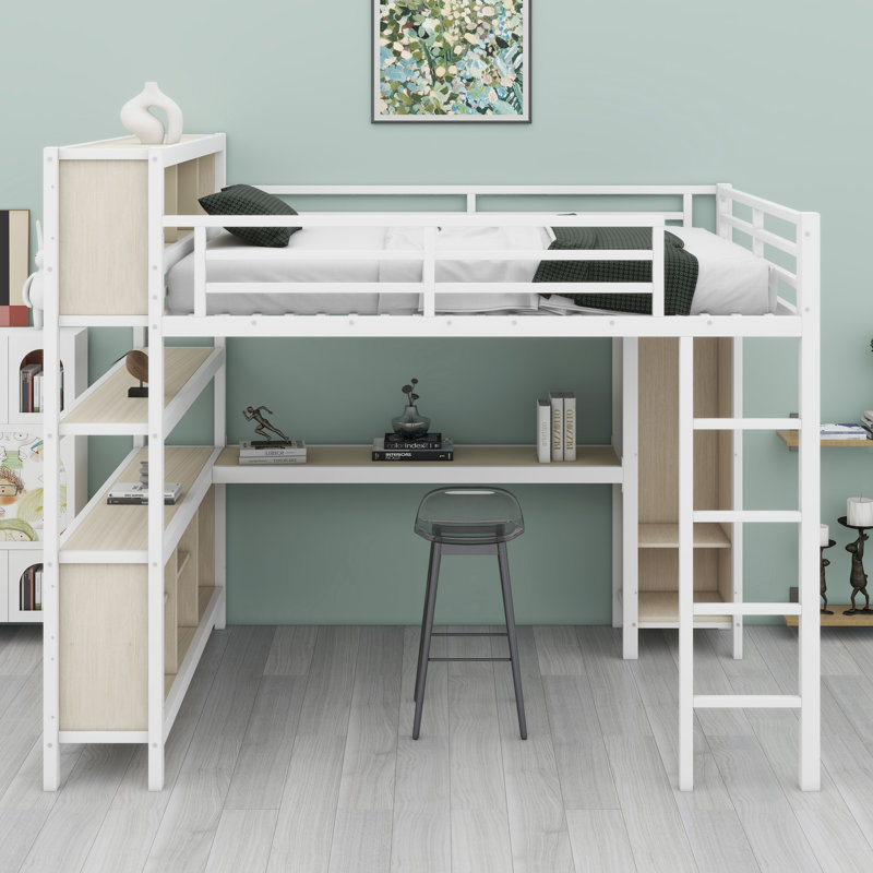 Loft Bed With Integrated Wardrobe, L-Shaped Desk, And Storage Shelves For Kids, Teens, And Adults, White Straight Grain
