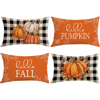 Décoration d'automne pour la maison, ensemble de 4 housses de coussin rustiques 50 x 30 cm, à carreaux orange, pour intérieur et extérieur. Housse de coussin en lin « Hello Pumpkin » pour canapé, fauteuil ou chambre.
