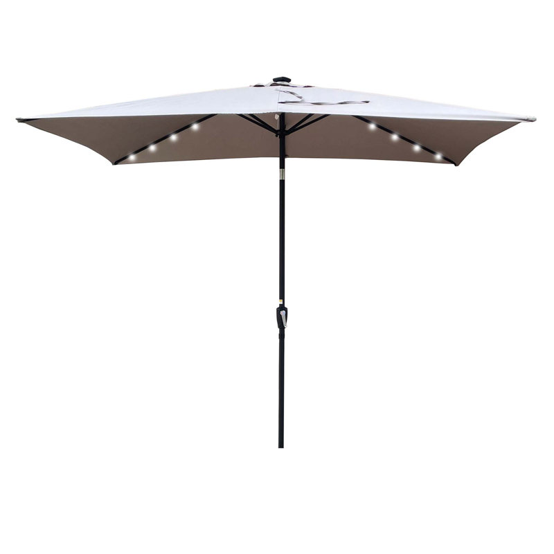 Parasol rectangulaire solaire pour terrasse à DEL - 26 lumières, pavillon imperméable résistant aux rayons UV, manivelle et bouton-poussoir inclinable