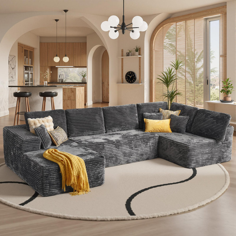 Cloudelle 3-Piece L-Shaped Plush Corduroy Sectional Sofa – No Assembly Required, Gray Corduroy