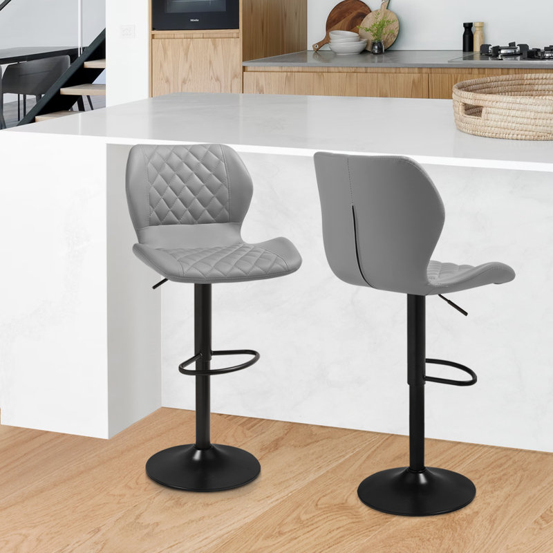 Gray Adjustable Swivel Faux Leather Bar Stools with Iron Base