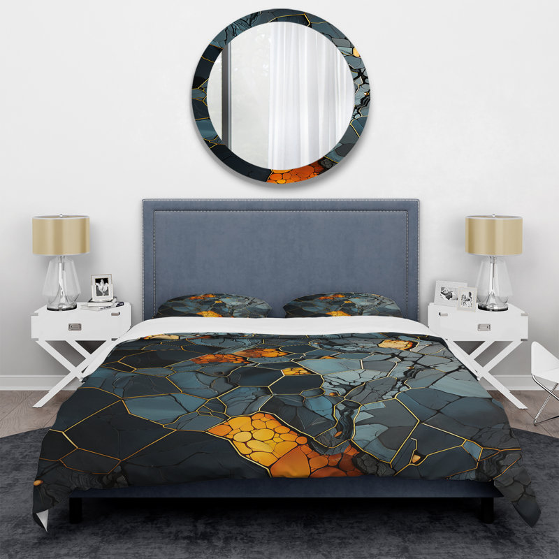 Ensemble de housse de couette à motif géométrique abstrait jaune et noir Marble Elegance II, Housse de couette pour grand lit