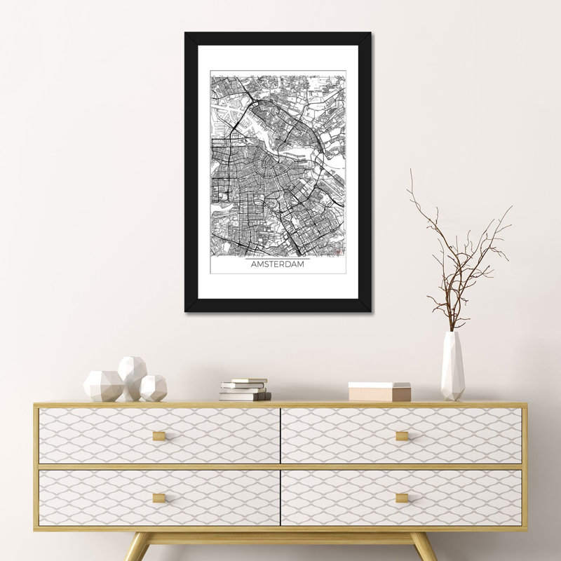 «Amsterdam Minimal Urban Blueprint Map», impression sur toile, H 32 po x l 24 po x P 1 po, Papier d'art encadré noir, Blanc