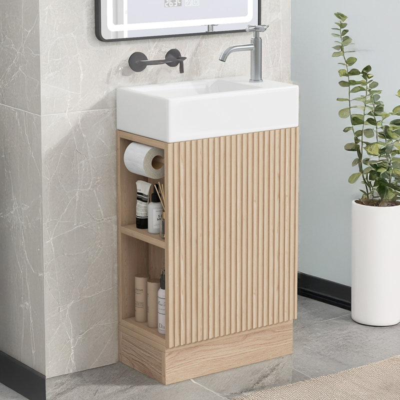 Armoire de salle de bain en bois et céramique, Naturel