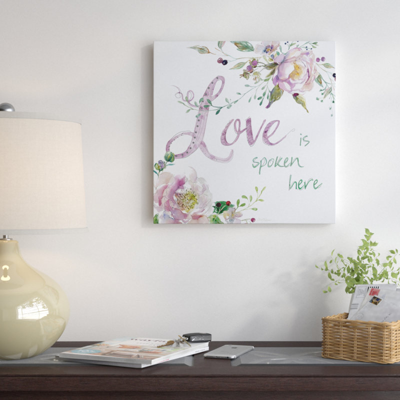 «Love is Spoken Here», reproduction d'art textuel, H 16 po x l 16 po x P 1,5 po, Toile tendue