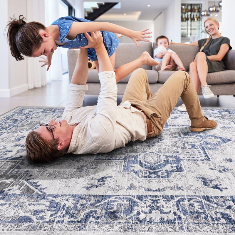 2x8 Blue/grey/ Area Rug By Loom & - Non-shedding, Stain , Suits Bedroom, Living Room, Dining Room Attractiveness Ideal For Living, Dining, Home Office