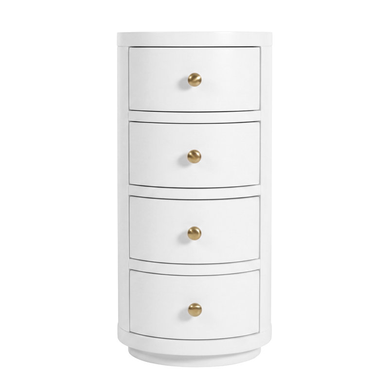 Céline 12 po Table de bout ronde à 4 tiroirs en bois blanc lisse, Blanc lisse