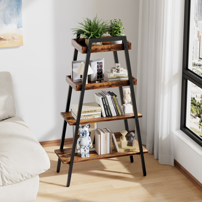 Étagère échelle à 4 niveaux Liscomb, support à fleurs pour plantes en bois, étagère de coin autoportante brune, étagère de rangement moderne avec dispositif anti-basculement pour salon, bureau à domicile, balcon