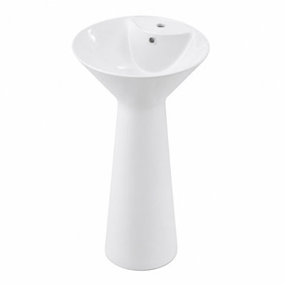 Modern White Vitreous China Pedestal Sink, One‑Piece Freestanding Back‑to‑Wall Wash Basin for Indoor & Outdoor Use, Faucet and Drain Not Included, 16.92×16.92×33.85 Inch