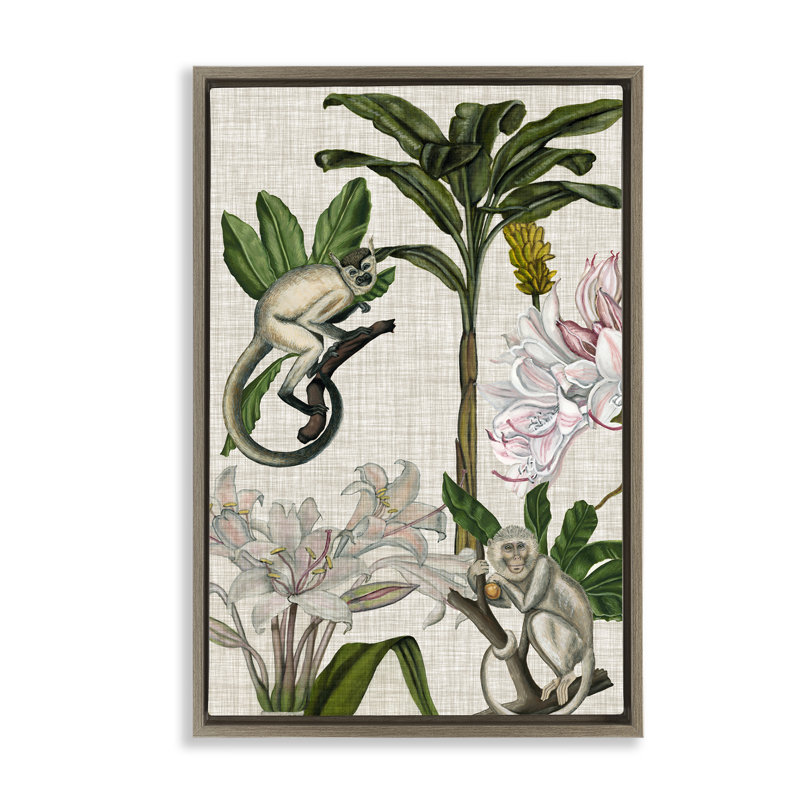 Toile flottante vintage encadrée «Monkey & Plants» par Vision Studio, Cadre flottant orme Montalcino, H 31 po x l 21 po