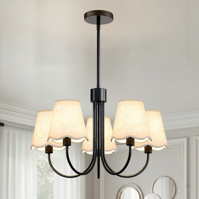 Lustre de salle à manger 5 lumières à intensité variable avec abat-jour en lin, métal noir mat